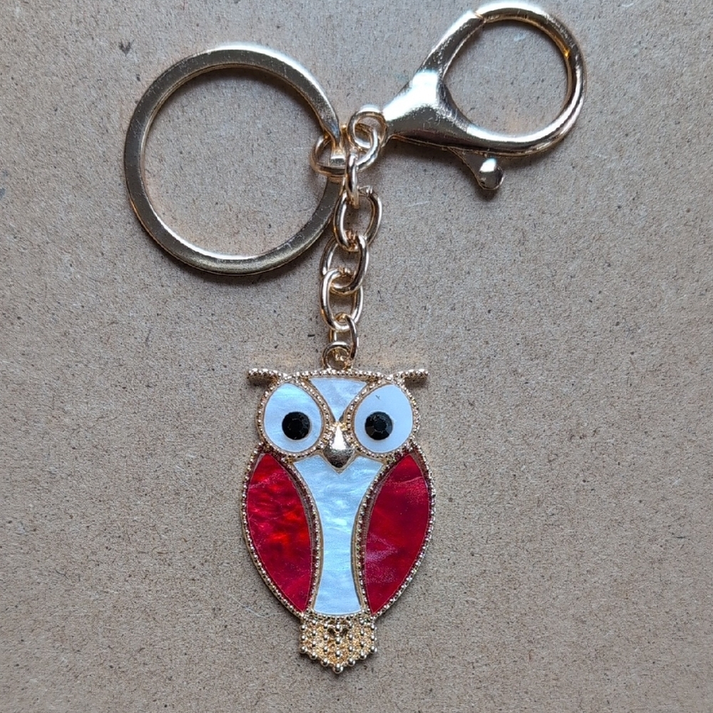 Owl Keychain Bag Charm with Gold and Red Accents